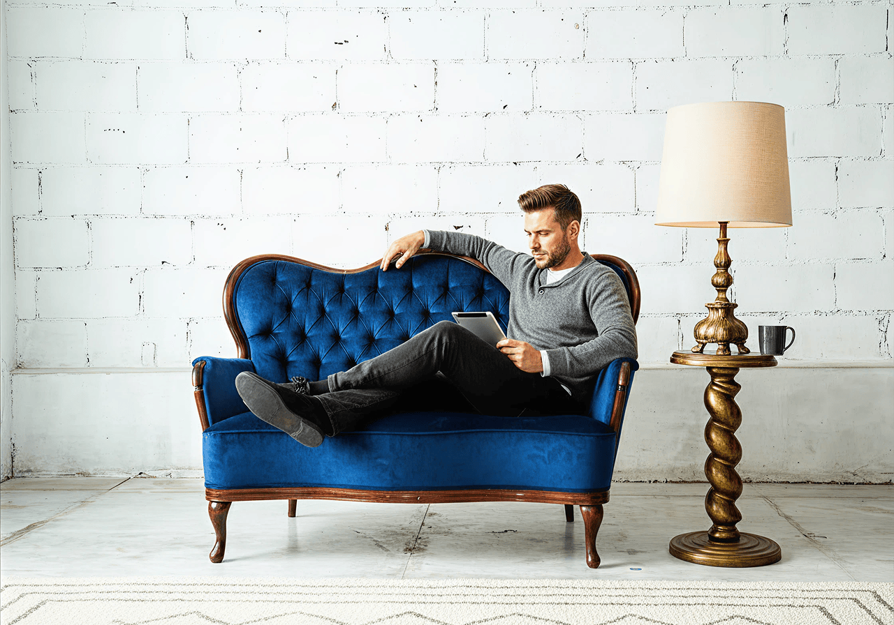 Stylish living room with a navy blue sofa on wooden legs